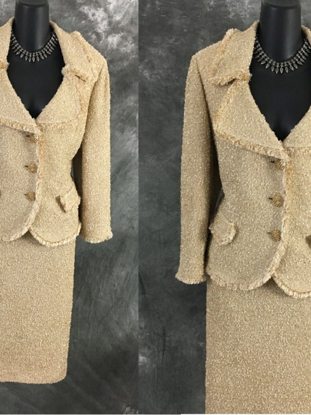 BEAUTIFUL St John knit gold shimmer fringe jacket skirt suit size 14 16 - Picture 2 of 10